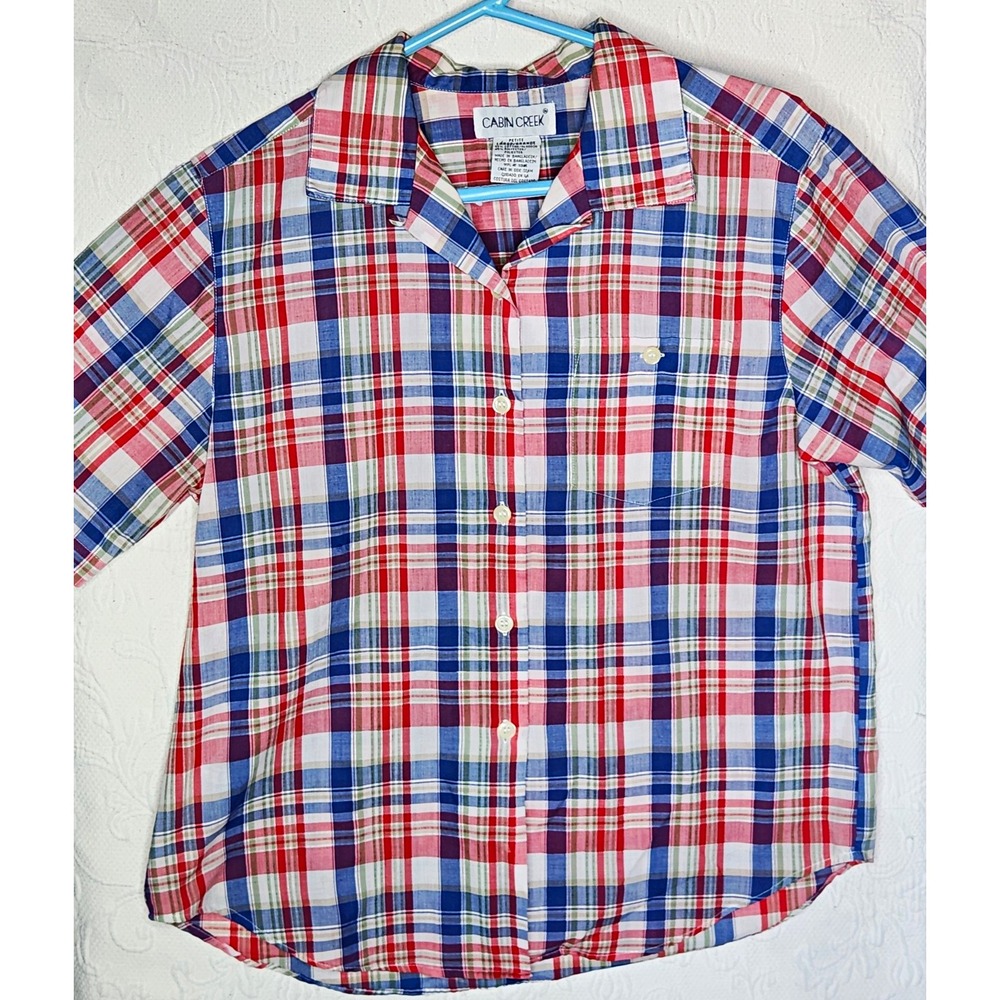 Cabin Creek Women's Petite PL Plaid Collared Short Sleeve Woven Button-Up